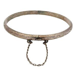 VTG Estate Sterling Silver Chased 7 ½" Thin Bangle Bracelet w/ Safety Chain! 179